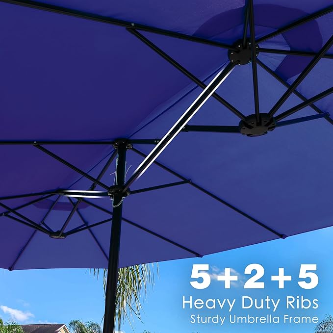 Kozyard 15 FT Rectangular Double-Sided Patio Umbrella with Solar Lights, Outdoor Patio Umbrella with Crank Lift, Base Included, UV-Resistant for Pool, Backyard & Garden NavyBlue