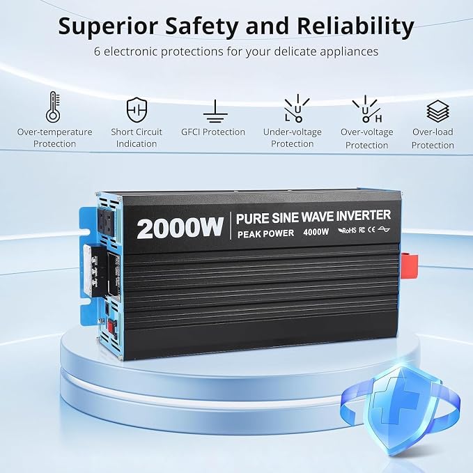 Power Inverter 2000 Watt Pure Sine Wave 12V DC to 110V/120V AC 4000W Peak Converter for Family RV Off Grid Solar System with 3 AC Outlets LCD Display Remote Control and 2.1A USB Charging Port