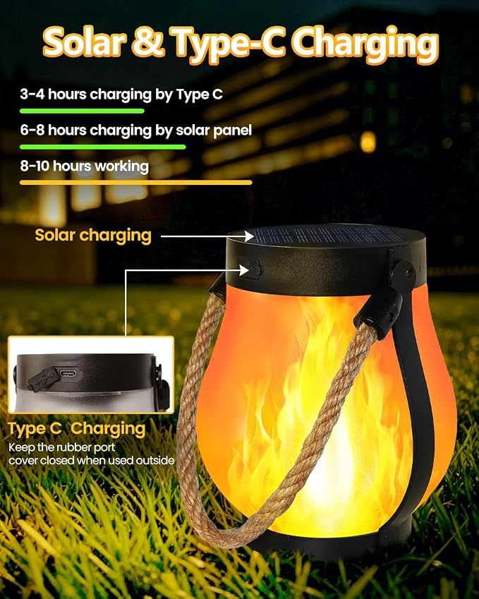 6 Pack Solar Lanterns Outdoor Waterproof, Solar Flame Lanterns with 2 Modes | Ultra-Real Flame, USB/Solar Charging, IP65 Waterproof, Hanging/Table Solar Lights Outdoor for Tree Garden Porch Yard Patio