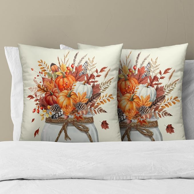 Autumn Pumpkin Throw Pillow Covers 22x22 Inch, Set of 2 Rustic Fall Orange Flowers Jar Square Pillowcases Soft Cotton Cushion Cover for Couch Bed Sofa Porch Seasonal Home Decor