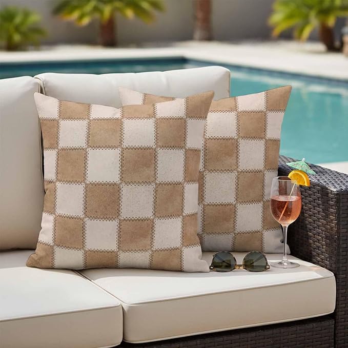Brown Beige Checkered Outdoor Pillow Covers 26x26 Inch Throw Pillow Covers Set of 2 Waterproof Decorative Pillow Cases Modern Farmhouse Plaid Burlap Cushion Covers for Patio Furniture Garden Couch
