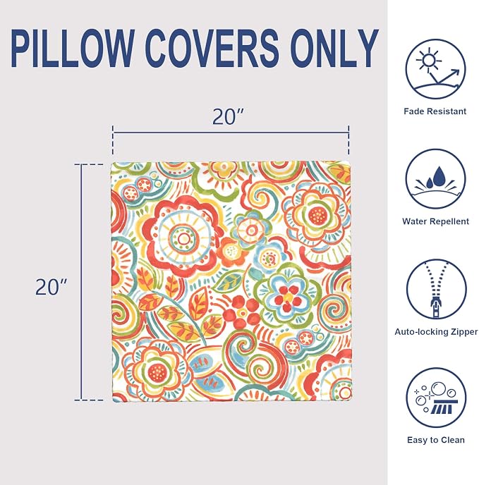 Pack of 2 Patio Throw Pillow Covers ONLY, Water Repellent Cushion Cases 20x20 Inch, Square Pillowcases for Outdoor Couch Decoration, Flower Multi