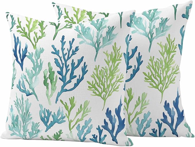 Ocean Teal Outdoor Waterproof Throw Pillow Covers Set of 2, 24"x24", Blue Green Coral Underwater Garden Coastal Decorative Pillow Covers Outside Cushion Case for Patio Porch Garden