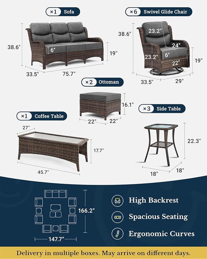 HILLGA Luxury Outdoor Patio Furniture Set with 6-Inch Thick Cushions, High Back Wicker Swivel Rocker Chairs, 13 Pcs All Weather Conversation Set for Large Deck, Yard and Poolside, Gray (V3)
