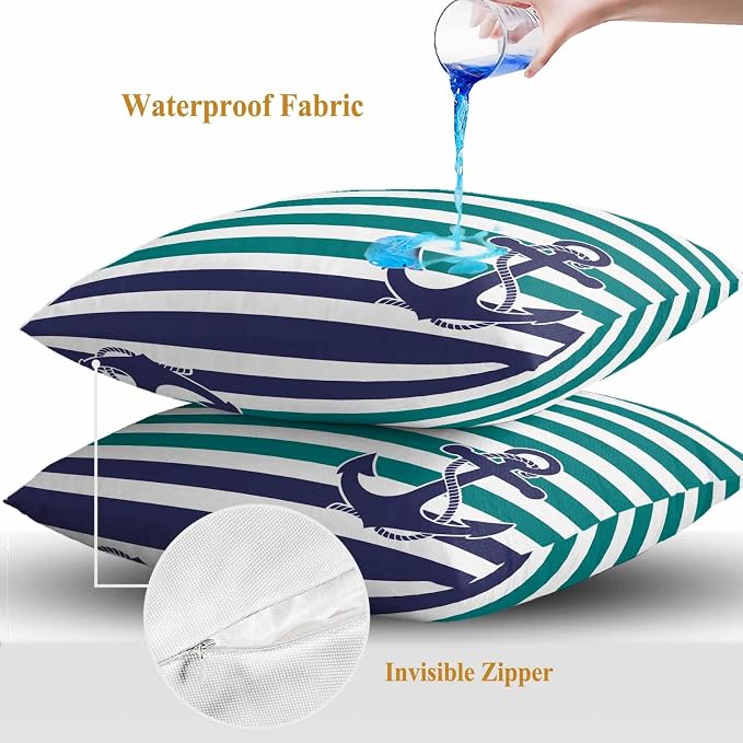 Throw Pillow Covers 20x20 Inch Set of 2, Anchor Teal Waterproof Outdoor Cushion Covers, Modern Navy Blue White Striped Nautical Decorative Pillowcases for Couch, Sofa, Bed, Garden, Patio