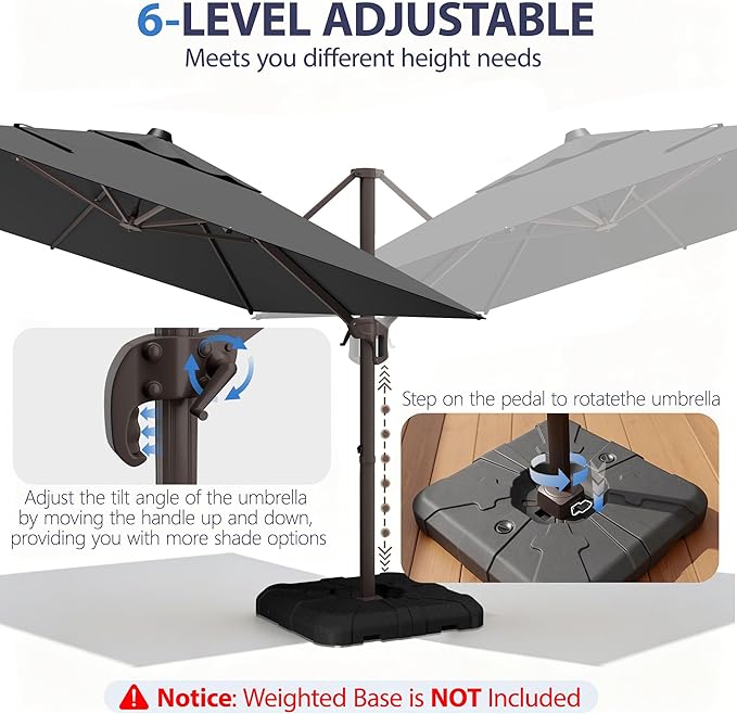 10' X 10' Patio Umbrella Cantilever Outdoor Rectangle Umbrella, Heavy Duty 360°Rotation Offset Umbrella for Garden Deck Pool Patio, Grey