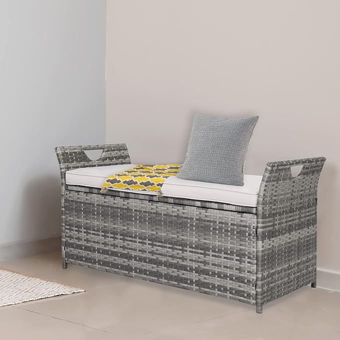 33 Gallon Rattan Wicker Deck Box Bench,Large Indoor/Outdoor Waterproof Storage Cabinet,Resin Rattan Patio Storage Bin,Outside Wicker Storage Container,with Cushion,for Yard Pool Garden Porch (Gray)