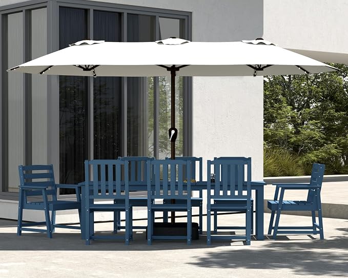 9-Piece Outdoor Dining Set with 15FT Umbrella for 8,Navy Blue | 75.2'' HDPE table, chairs included, weather-resistant furniture with hole, ideal for lawn, poolside, yard, garden, deck