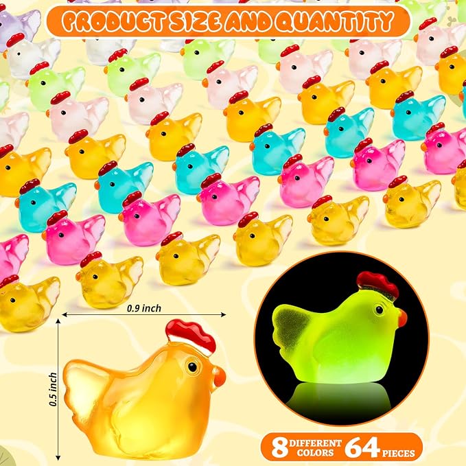 64PCS Luminous Mini Resin Chicken Figurines 8 Colors Tiny Chickens | Miniature Chickens Animals Figurines Glow in The Dark, Micro Landscape DIY, Home Outdoor Party Decor