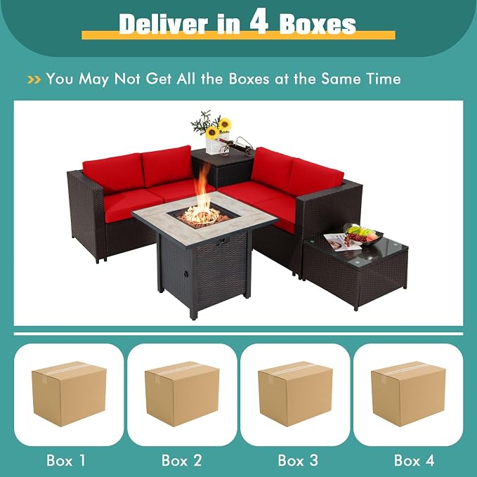 COSTWAY 5 Piece Patio Furniture Set with 30'' Fire Pit Table, Outdoor Wicker Rattan Loveseat Sofa with 4'' Thickened Cushions, 2 Side Tables, Sectional Conversation Set for Backyard (Red)
