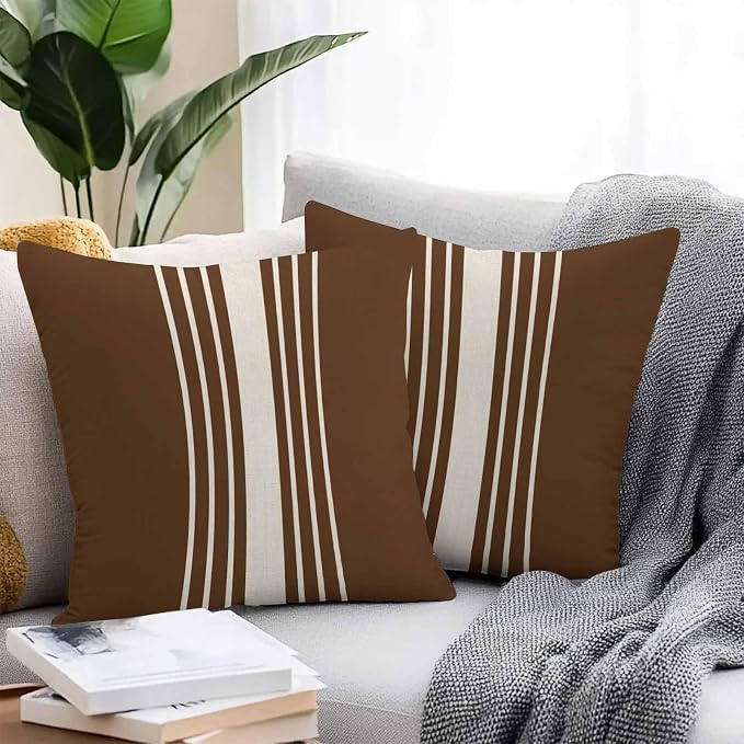 Outdoor Waterproof Pillows Cover Pack of 2 Modern Brown Striped Burlap Texture Decorative Pillowcases with Zipper Cushion Case for Patio Tent Couch Garden 16 x 16 Inches