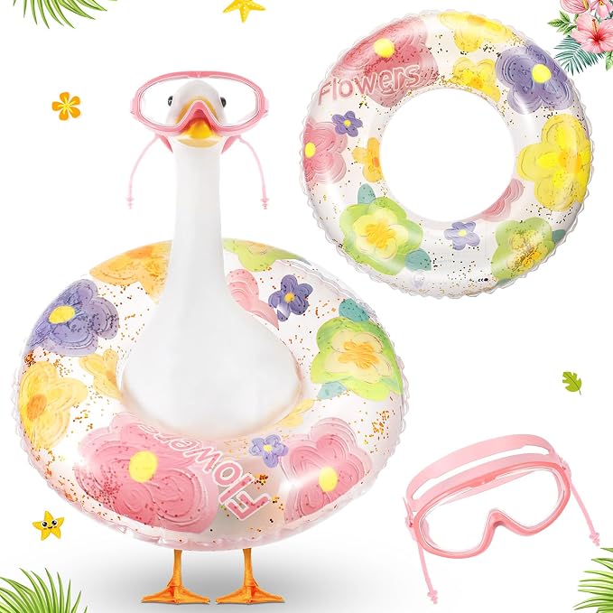 Aliceset 2 Pcs Summer Porch Goose Outfits Hawaiian Pool Goose Cloth Costume Swimsuit with Swim Ring Sunglasses, Fits 23'' Lawn Statue for Patio Yard Garden Outdoor Decor(Flower Style)
