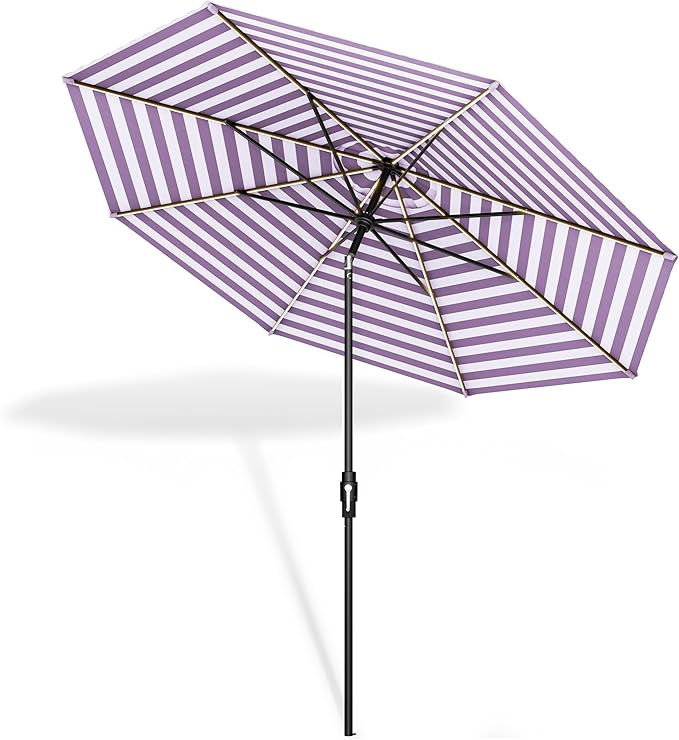 Midtown Umbrellas The LED Swilt 8 Feet Patio Umbrella With Terylast Midtown Stripes Purple/White Polyester Fabric - Auto-Tilt Aluminum Frame w/LED Lights For Backyard, Deck, Garden, Pool - Black Pole