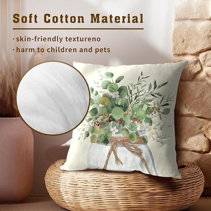 Eucalyptus Leaf Throw Pillow Covers 22x22 in Set of 2 Spring Green Leaves White Floral Jar Holiday Farmhouse Square Pillowcases Cushion Cover for Couch Bed Sofa Outdoor Patio Décor