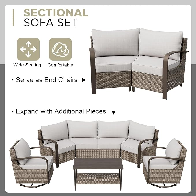 COOS BAY Aurora Terrace 4 Piece Outdoor Sectional Furniture Set, Half Moon Rattan Wicker Conversation Set with 5 Seat Sofa & Coffee Table for Patio Garden Yard, Beige/Beige