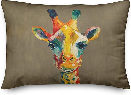 Colorful Giraffe on Tan Indoor/Outdoor Pillow | Decorative Pillows for Living Room Couch Bed Sofa Patio, Fluffy Soft Cushion | Water Resistant Multi, 14x20