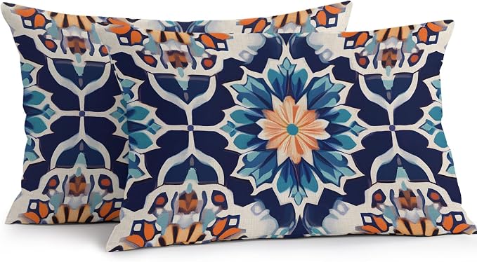 Orange Blue Outdoor Pillow Covers 20x12 Inch Lumbar Pillow Covers Set of 2 Waterproof Decorative Throw Pillow Cases Morocco Boho Abstract Floral Ethnic Tribal Cushion Covers for Patio Furniture Garden