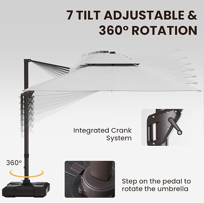 9 X 12 FT Cantilever Patio Umbrella with Led Lights Outdoor Heavy Duty Double Top Rectangle Offset Umbrellas with 360-degree Rotation for Pool Deck Backyard, Foggy Grey