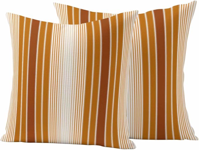 Outdoor Waterproof Throw Pillow Cover, Modern Minimalist Ombre Stripe Decorative Pillows Cushion Covers, Rustic Brown Orange Style 2 Pack Pillow Cases for Patio Garden Balcony Couch Sofa 20x20in