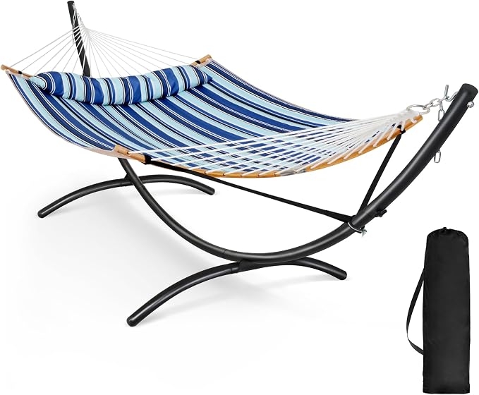 SUNCREAT Portable Outdoor Hammock with Stand, Double Hammock with Stand for Outside, Patent Pending, Blue & White
