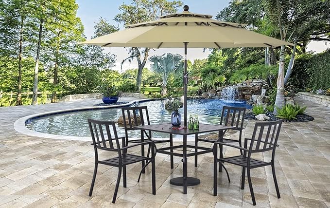 PHI VILLA Patio Dining Set,4 Stackable Chairs& 37" Square Metal Table | Outside Furniture Set for Patio, Deck, Backyard, Porch