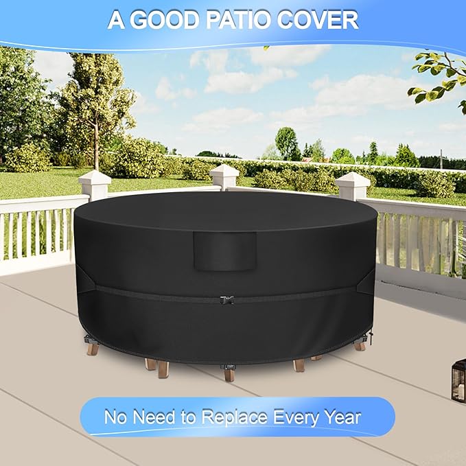 Round Patio Furniture Set Cover, Patio Table Cover Waterproof, Heavy Duty Outdoor Table and Chair Set Cover,Outdoor Furniture Covers for Patio Furniture, 84"Dia x 28"H, Black