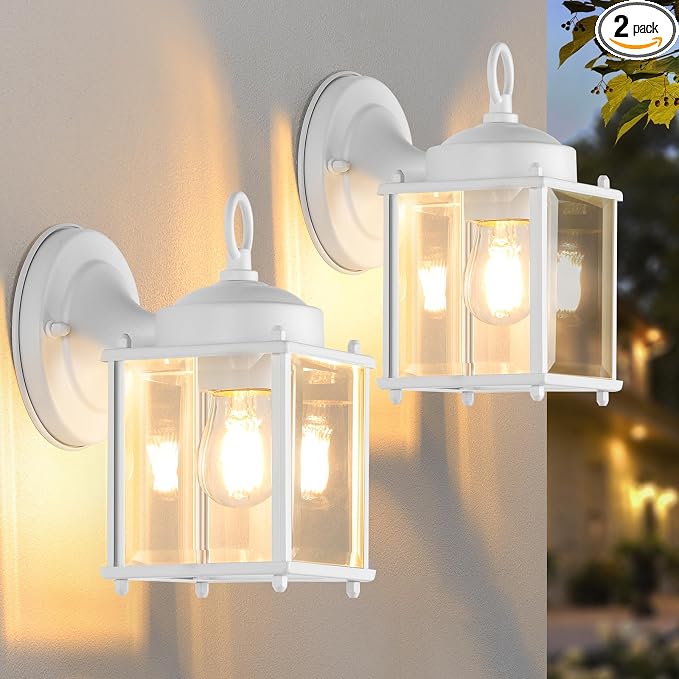 MATAMEYE Outdoor Wall Lantern, Exterior White Waterproof Wall Sconce Lighting Fixtures, Front Door Wall Lights with Clear Beveled Glass Shade, 2 Pack