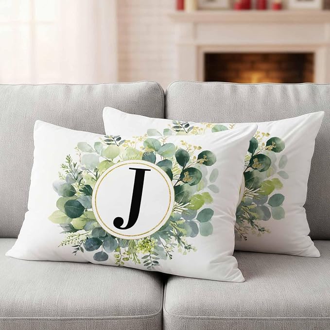 Letter J Waterproof Outdoor Pillow Covers Set of 2 Home Decor, Alphabet Green Eucalyptus Leaves Lumbar Pillowcase Patio Pillow Covers for Couch Bench Patio Furniture Garden 20x12in