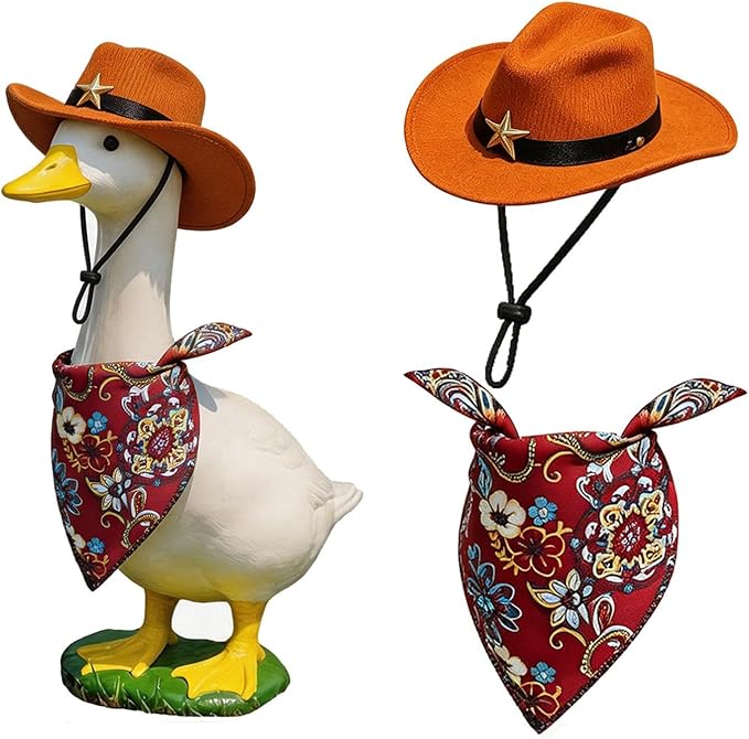 Western Cowboy Porch Goose Outfits – 2PCS Goose Costume Texas Ranger Hat & Bandana for 23 Inch Statue, Outdoor Garden Yard Patio Decor, Cowboy Goose Outfits for Porch Goose