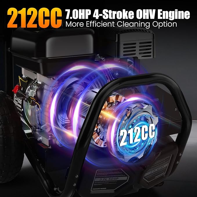 Professional 4200PSI 4GPM 212CC Gas Pressure Washer, 7.0HP Heavy-Duty 3600RPM Commercial Gas Power Washer with 10" Wheels 3000ML Foam Bottle 5 Nozzles 33FT Hose Reel (EPA/CARB/ETL Compliant), Black