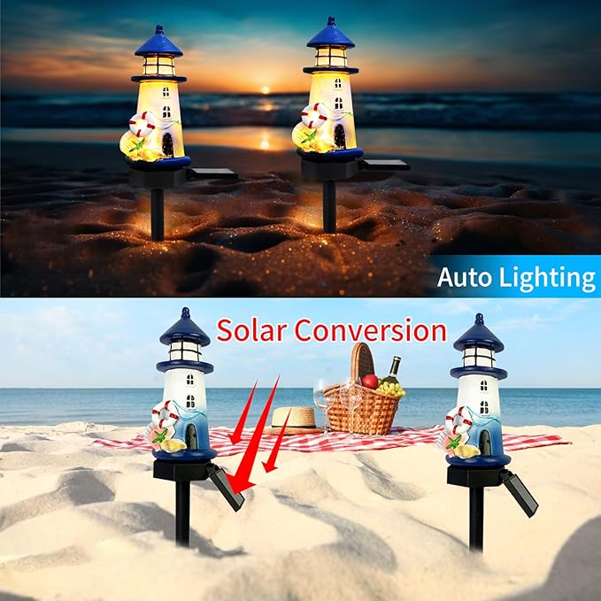 Lighthouse Solar Lights Outdoor, Lighthouse Decor Lighthouses Gifts Nautical Decor for Home, Waterproof Decorative Solar Powered Garden Stake Light for Outside Lawn Christmas Patio Yard (Blue)