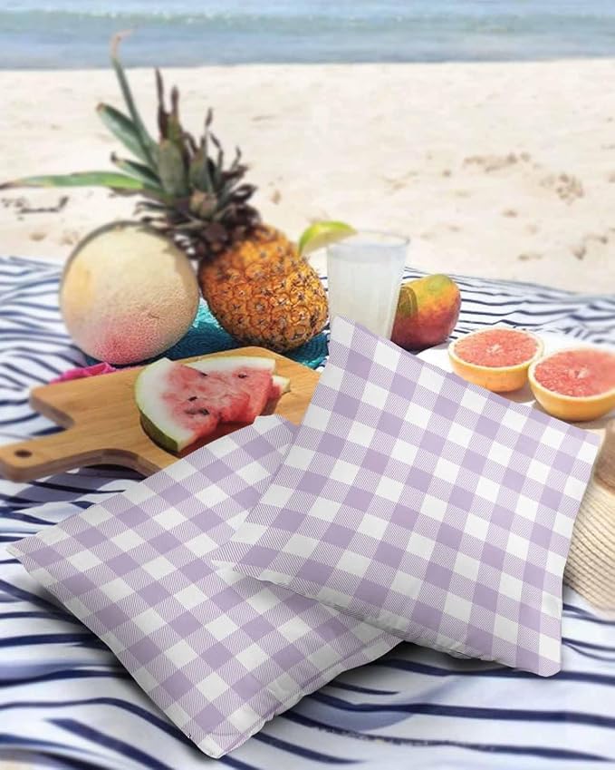 Outdoor Waterproof Throw Pillow Covers Set of 2 Lavender Buffalo Check Plaid Pillowcases 16x16 Inches Farmhouse Style Patio Decorative Pillows Cushion Case Patio Pillows for Couch Bed Chair Garden