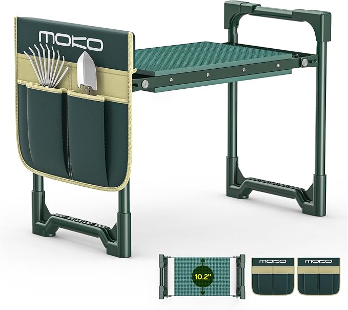 MoKo Garden Kneeler, 350 lb Foldable Garden Kneeler and Seat Tool Bag,Green | 2-in-1 Heavy Duty Gardening Stool,10.2in widened seat cushion and 2 Oxford tool bag, Gardening Gifts for Women, Seniors,