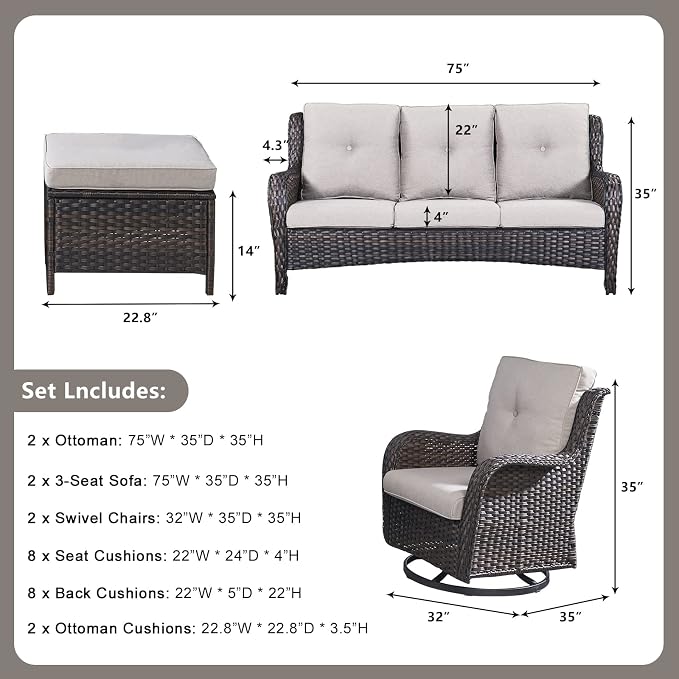Rilyson Wicker Patio Furniture Set - 6 Piece Rattan Outdoor Sectional Conversation Sets with 2 Rocking Swivel Chairs,2 Ottomans and 2 Sofa for Porch Deck Garden(Brown/Beige)