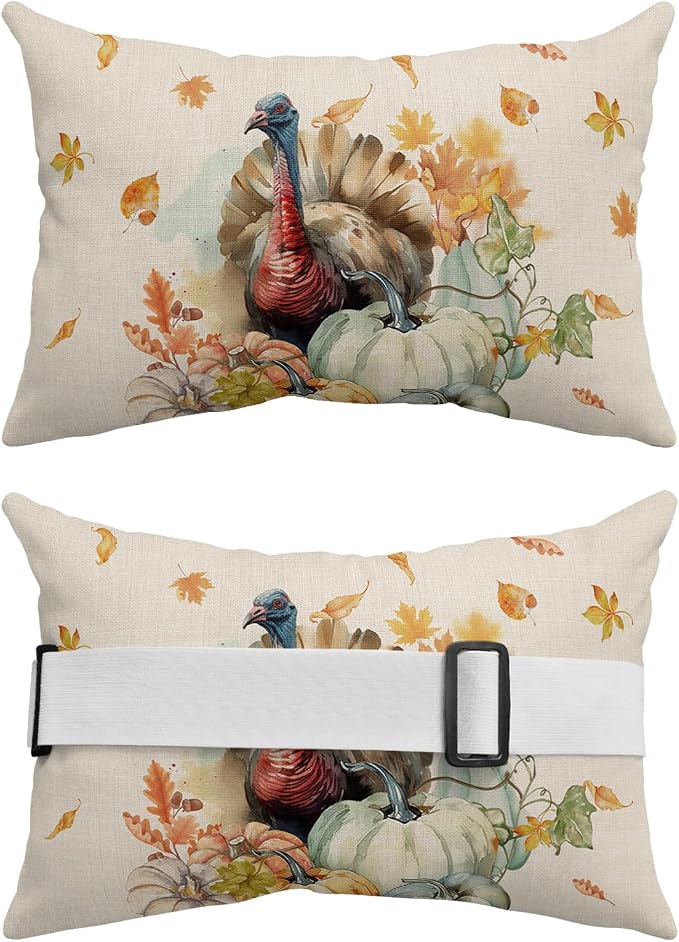 Outdoor Pillows Covers with Inserts Thanksgiving Watercolor Turkey Pumpkin Maple Leaves Waterproof Pillow with Adjustable Strap Throw Pillows for Patio Furniture Recliner Lounge Chair, 12" x 20", 2PCS
