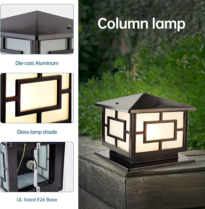Pillar Lights Outdoor, IP65 Waterproof Column Lights Outdoor Rustproof Aluminum Glass Pillar Light Fixtures Fence Column Post Light Traditional Landscape Lighting E26
