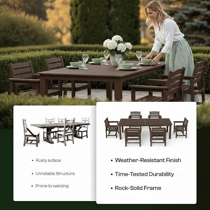 7-Piece Outdoor Dining Set for 6, 75.2" HDPE Patio Table with Umbrella Hole & 6 Chairs, Weather-Resistant Wood-Look Patio Furniture for Garden, Lawn, Deck, or Poolside (Brown)