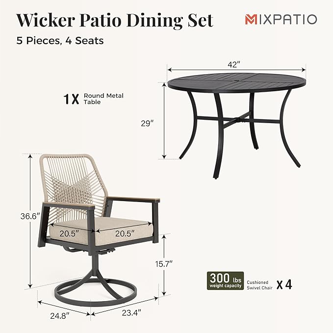 MIXPATIO 5 Pieces Outdoor Patio Dining Set, Wicker Patio Table and Chairs Set of 4, Swivel Wicker Chairs with 3.2" Cushion and 42" Round Table with Umbrella Hole for Yard, Porch, Beige