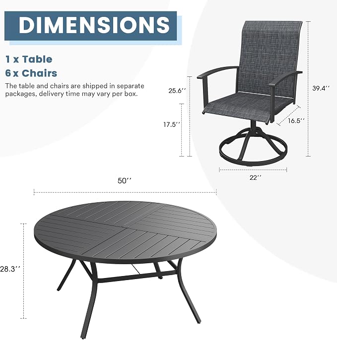 DIFY 7 Pieces Outdoor Dining Set, Metal Patio Table and Chairs Set for 6 with Umbrella Hole, 50" Black Round Table and Dark Grey Textilene Swivel Patio Chairs for Garden, Backyard, Poolside