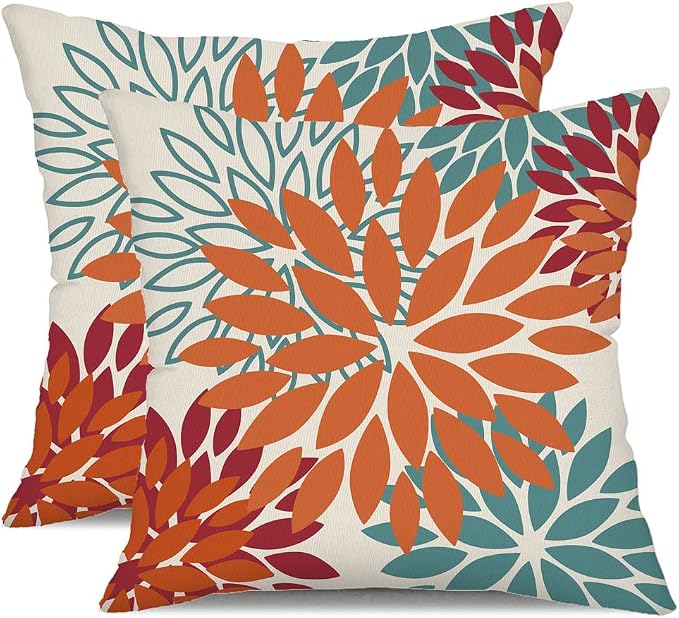 DFXSZ Outdoor Waterproof Pillow Covers 16x16 Set of 2 Orange Teal Flower | Spring Summer Waterproof Flower Throw Pillowcases（No Inserts）Outdoor Decor for Fall Patio Funiture Garden Polyester Covers