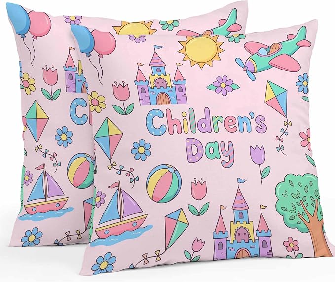 Pack of 2 Children's Day Outdoor Pillow Covers Decorative, Waterproof Pillow Protector, Airplanes Sailing Boats Tree Cartoon Pink Throw Pillowcases Accent Cushion Cases for Patio Couch Sofa 26"x26"