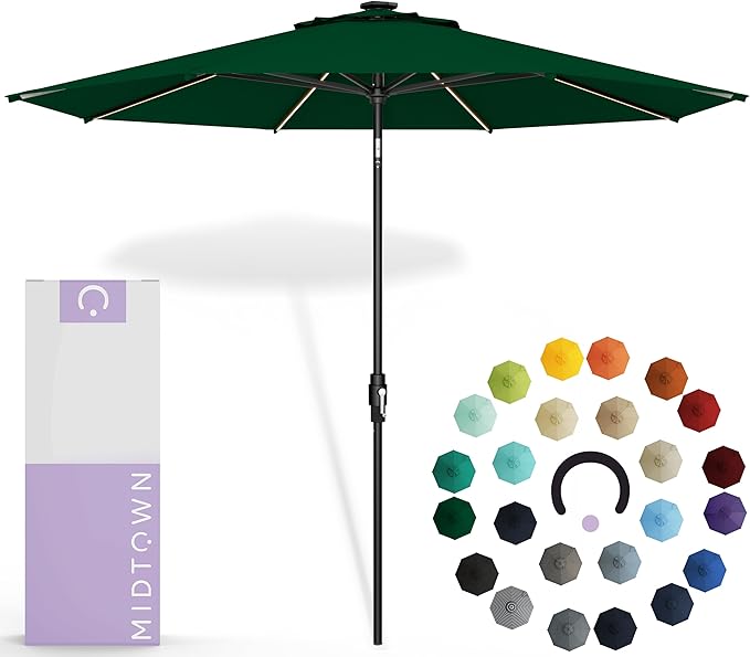 Midtown Umbrellas Led Swilt Sunbrella Umbrella, 8 Foot Patio Umbrella In Sunbrella Forest Green Acrylic Fabric - Deck Patio Umbrella, Backyard Umbrella, Garden Umbrella & Pool Umbrella - Black Pole