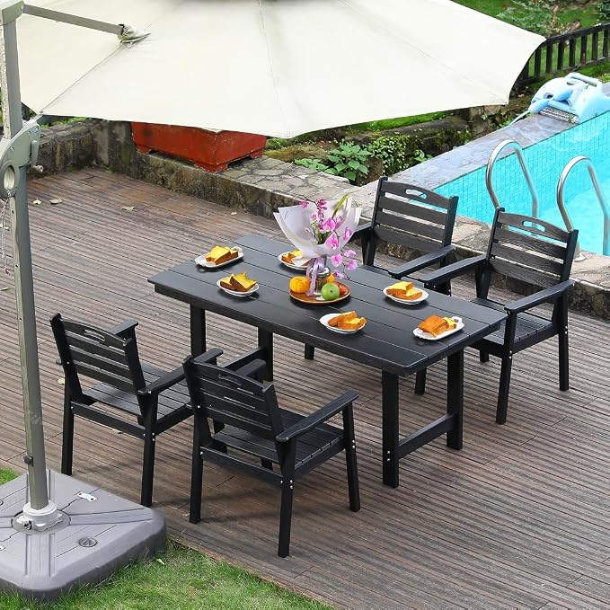 5-Pcs Outdoor Patio Dining Table Set of 4, Outdoor Patio Rectangular 66.9'' Dining Table and Armchair for Garden Backyards Pool Side, Waterproof HDPE Material & 1.95'' Umbrella Hole, Black