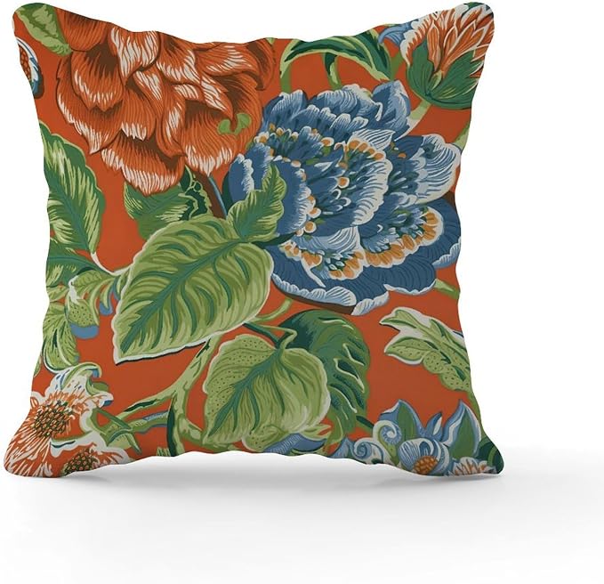 Blue Floral Chinoiserie on Orange Throw Pillow Covers Peony Chic Asian Throw Pillow Cover Abstract Throw Pillow Covers Farmhouse Decorative for Patio Garden Couch Tent 26x26 in