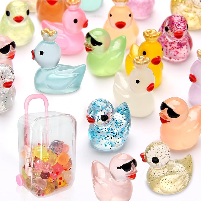 25pcs Mini Ducks Fairy Garden Accessories with Mini Suitcase | 12pcs Glitter & 13pcs Luminous Duck Mini Resin Animals figures for Garden Decor, Landscape Decor, DIY Craft, Succulents