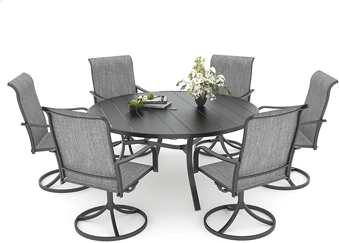 Anmutig 7-Piece Outdoor Dining Set, 54" Round Table with 6 Swivel Chairs All Weather Furniture Set for Lawn Garden, Grey