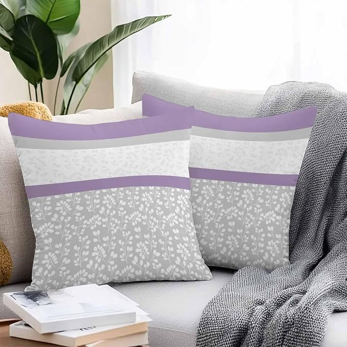Purple Grey Stripe Stitching Outdoor Pillow Covers 20x20in Pack of 2 Waterproof Pillowcase Rustic Pastoral Flwoer Decorative Throw Cushion Case for Patio Couch Sofa