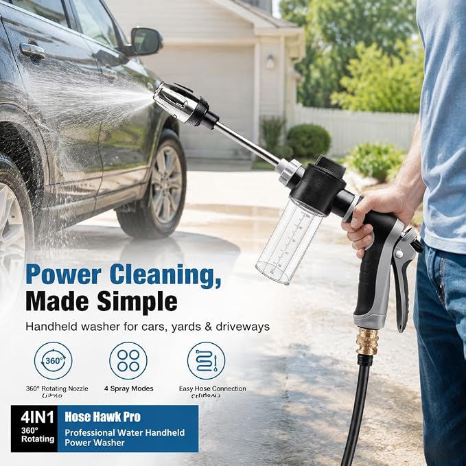 Hose Hawk Pro Pressure Washer Gun Professional Water Handheld Power Washer Gun with 360° Rotating Nozzless, 4 Spray Modes Multi Function for Cleaning Yard Car Driveways (Blue)