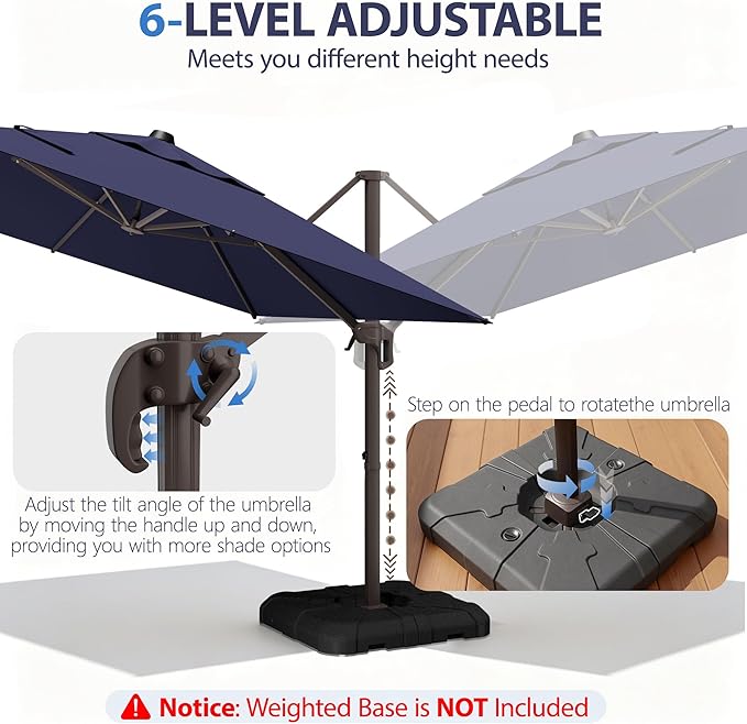 10' X 10' Patio Umbrella Cantilever Outdoor Rectangle Umbrella, Heavy Duty 360°Rotation Offset Umbrella for Garden Deck Pool Patio, Navy Blue