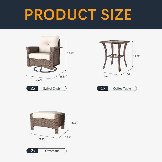 5 Pieces Outdoor Patio Furniture Set, Wicker Patio Sectional Set Conversation Wicker Swivel Chairs with Small Side Table